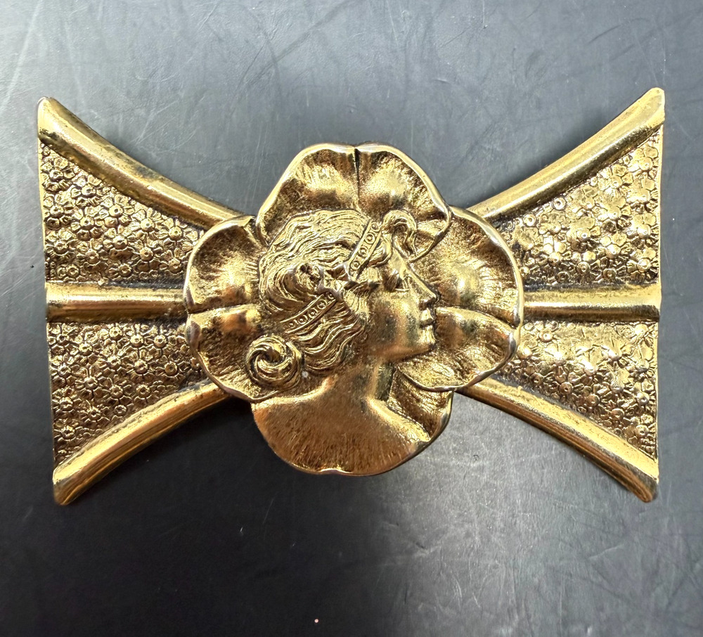 Vintage Art Nouveau Style Lady Brooch Brass Bow Mid Century 1940s